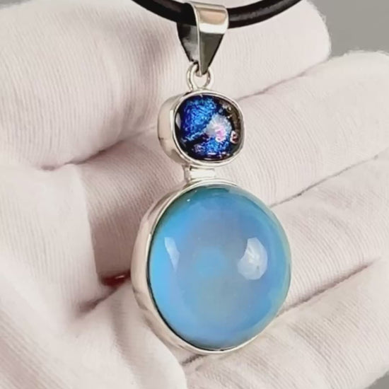Finished Sterling Silver Mirage Dichroic Pendant Necklace #1, Color Changing Mood Jewelry, Black Leather Cord, Adjustable, One of a Kind