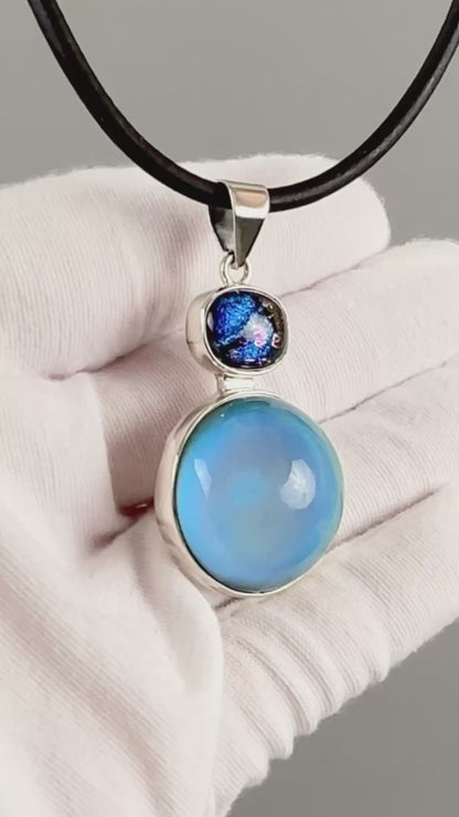Finished Sterling Silver Mirage Dichroic Pendant Necklace #1, Color Changing Mood Jewelry, Black Leather Cord, Adjustable, One of a Kind