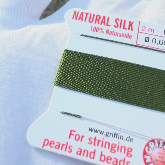 Griffin natural silk bead cord size 4 olive with attached twisted needle 2 meter card