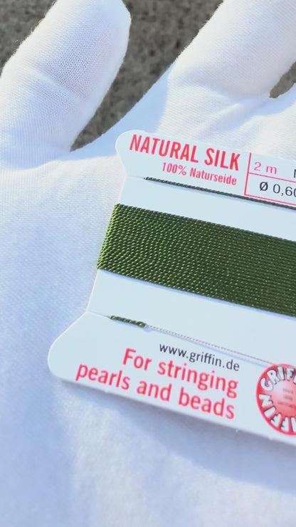 Griffin natural silk bead cord size 4 olive with attached twisted needle 2 meter card