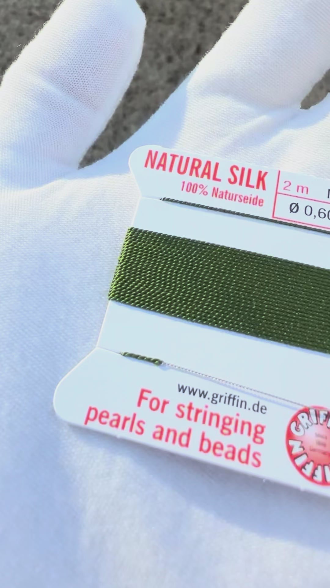 Griffin natural silk bead cord size 4 olive with attached twisted needle 2 meter card