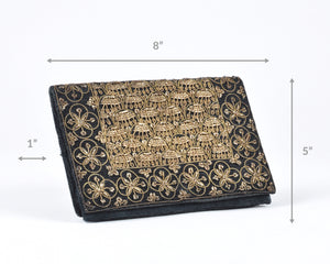 Vintage Beaded Purse-Black Corduroy Clutch Bag-Bronze Gold Beads and Trim-Made in India Tamara Scott Designs