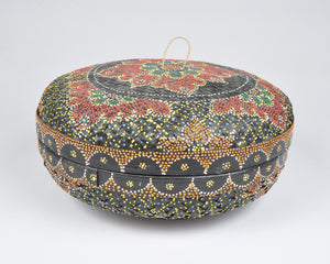 Vintage Hand Painted Indonesian Covered Wedding Offering Basket Box-Colorful Mandala Motif-Late 20th Century Indonesia Tamara Scott Designs