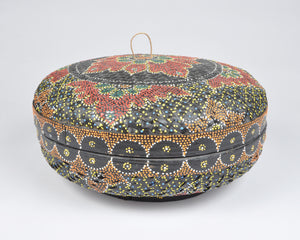 Vintage Hand Painted Indonesian Covered Wedding Offering Basket Box-Colorful Mandala Motif-Late 20th Century Indonesia Tamara Scott Designs