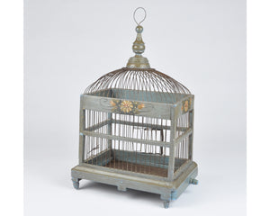 Vintage Italian Architectural Designed Handmade Wood and Metal Bird Cage Antique Birdhouse-Green With Toleware Floral-Birdhouse Decor Tamara Scott Designs