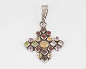Vintage Jewelry-Multi Gemstone Pendant-Cut Shapes-Round-Square-Silver-Peridot-Citrine-Amethyst-Garnet