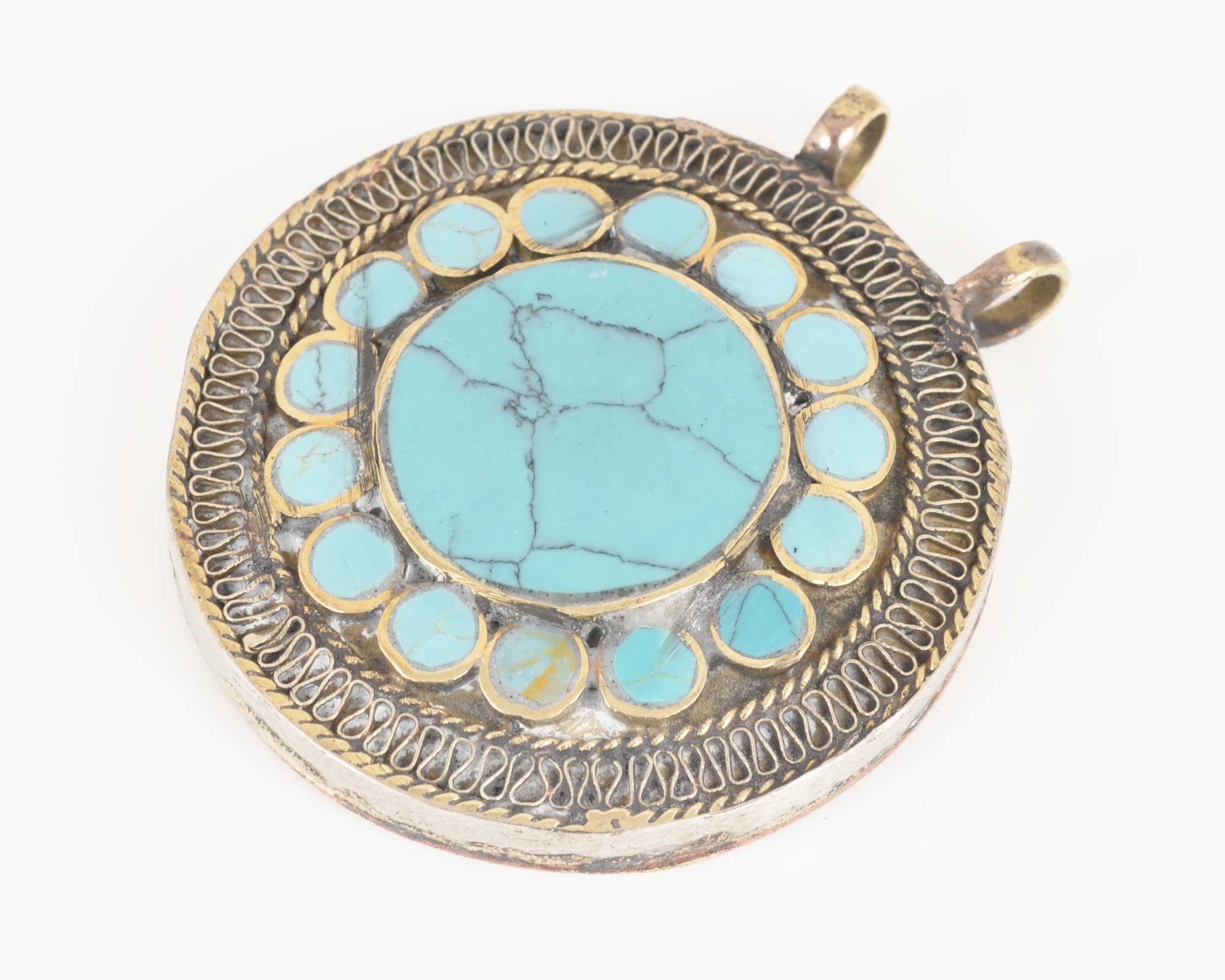 Vintage Pendants-Round Turquoise Blue-Inlaid Afghani Silver-Quantity 1
