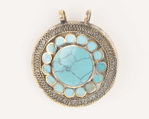 Vintage Pendants-Round Turquoise Blue-Inlaid Afghani Silver-Quantity 1
