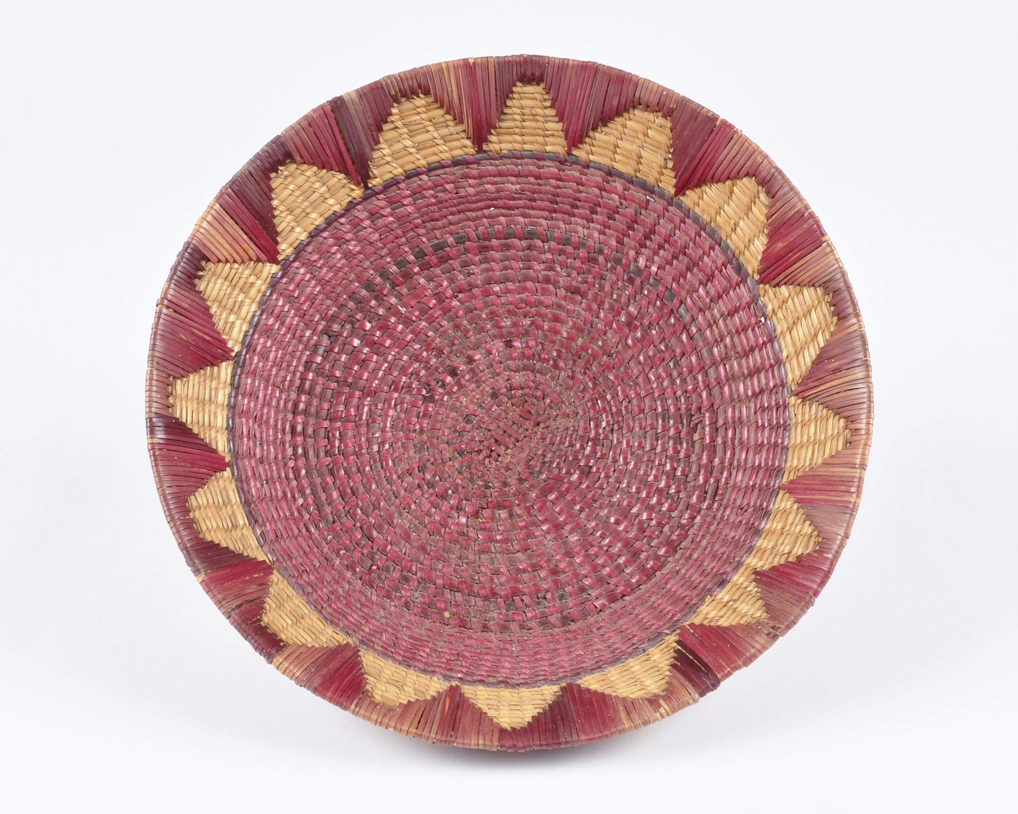 Vintage Tribal Hand Woven Bowl Basket-Two Tone Detail-Burgundy and Natural Tamara Scott Designs