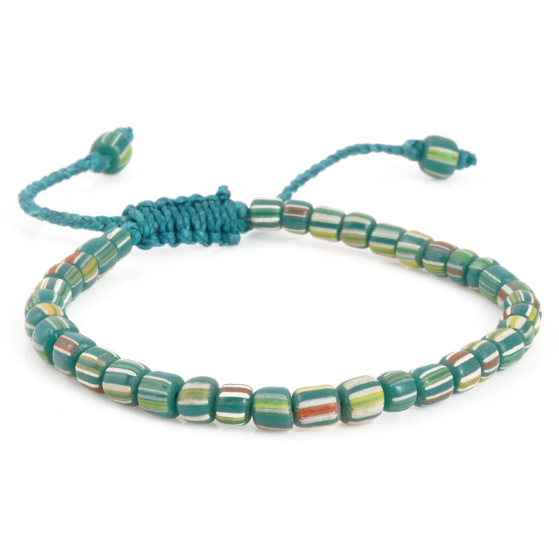 Finished Jewelry-5mm Handmade Glass Bracelet-Indonesia-Teal Green Stripe-Quantity 1
