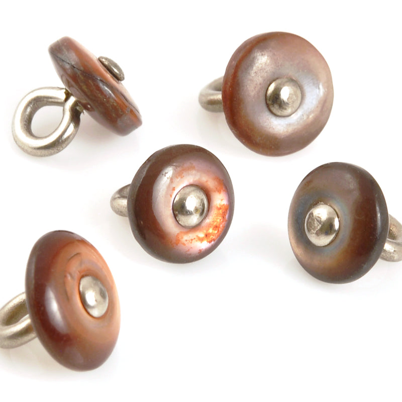 Button-9mm-Victorian Shell Boot-Shank-Brown and Steel-Quantity 5