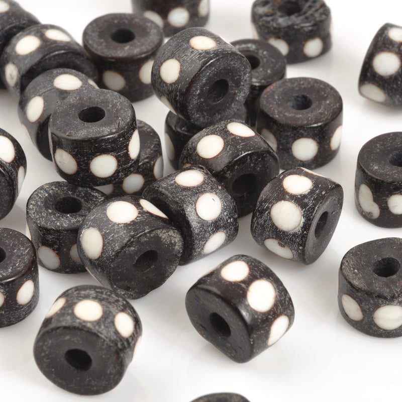 Carved-10mm Tube Bead-Brown With White Dots-Quantity 6