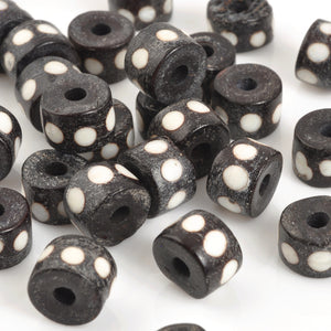 Carved-10mm Tube Bead-Brown With White Dots-Quantity 5 Loose Beads