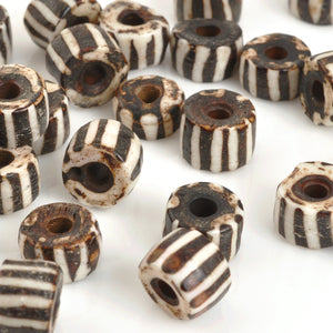 Carved-10mm Tube Bead-Brown With White Lines-Quantity 5 Loose Beads
