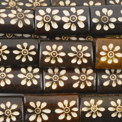 Carved-10x20mm Rectangle Bead-Two Flower-Brown