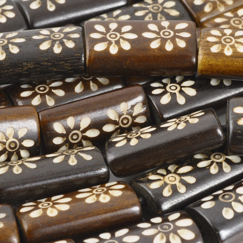 Carved-10x20mm Rectangle Bead-Two Flower-Brown