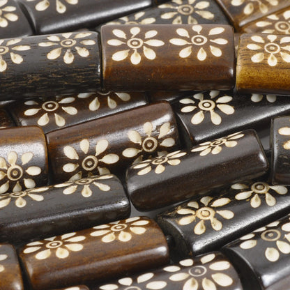 Carved-10x20mm Rectangle Bead-Two Flower-Brown