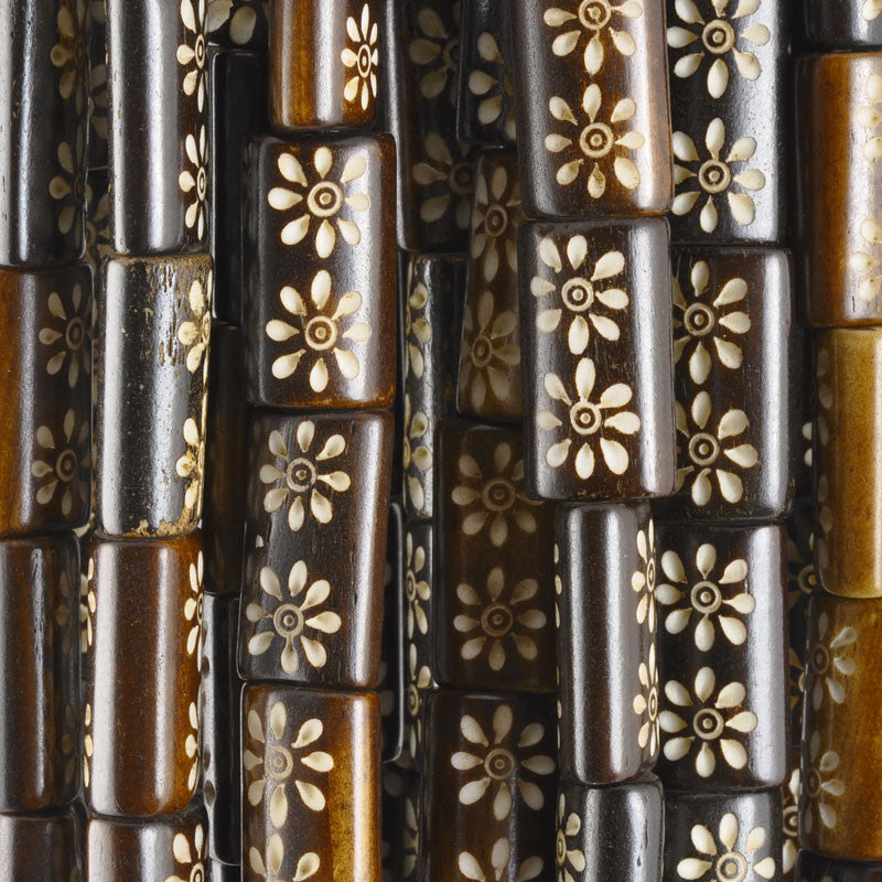 Carved-10x20mm Rectangle Bead-Two Flower-Brown