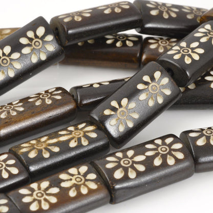 Carved-10x20mm Rectangle Bead-Two Flower-Brown