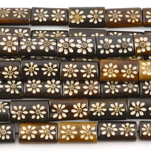 Carved-10x20mm Rectangle Bead-Two Flower-Brown