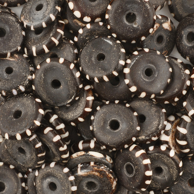 Carved-12-15mm Rondelle Bead-Brown With White Dashes-2mm Large Hole-Quantity 6