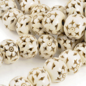 Carved-12mm Rondelle Bead With Star Design-Off White