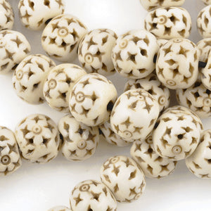 Carved-12mm Rondelle Bead With Star Design-Off White