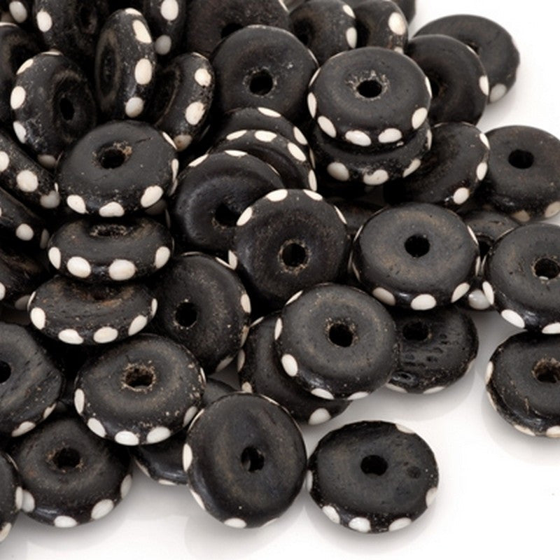 Carved-15mm Rondelle Bead-Brown With White Dots-Quantity 5