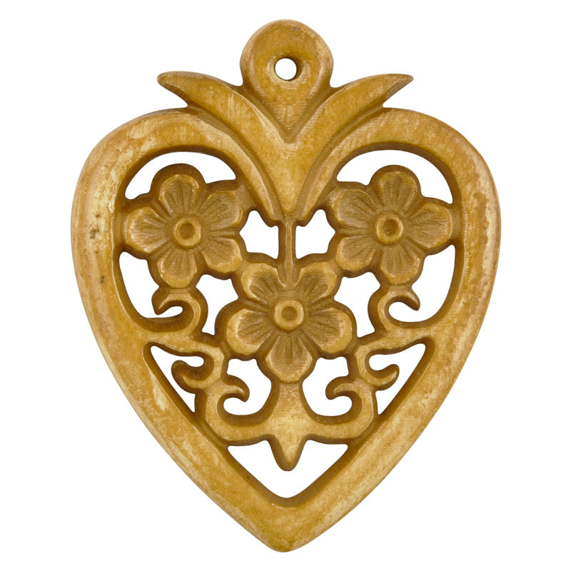 Carved-34x40mm Heart Pendant With Flowers-Light Brown-Quantity 1