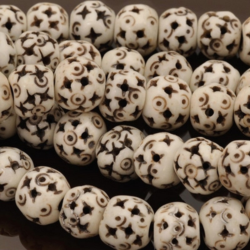 Carved-9x10mm White Rondelle Bead With Star Design-Quantity 12