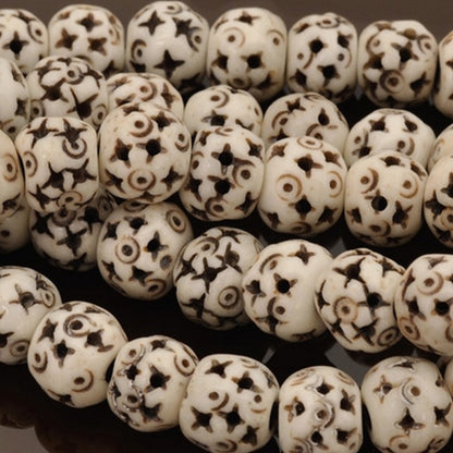 Carved-9x10mm White Rondelle Bead With Star Design-Quantity 12