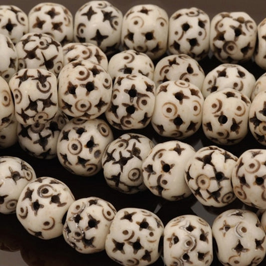 Carved-9x10mm White Rondelle Bead With Star Design-Quantity 12