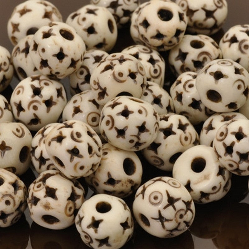 Carved-9x10mm White Rondelle Bead With Star Design-Quantity 12