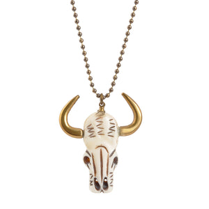 Finished Jewelry-Cow Skull with Brass Horns Pendant-Antique Bronze Ball Chain Necklace