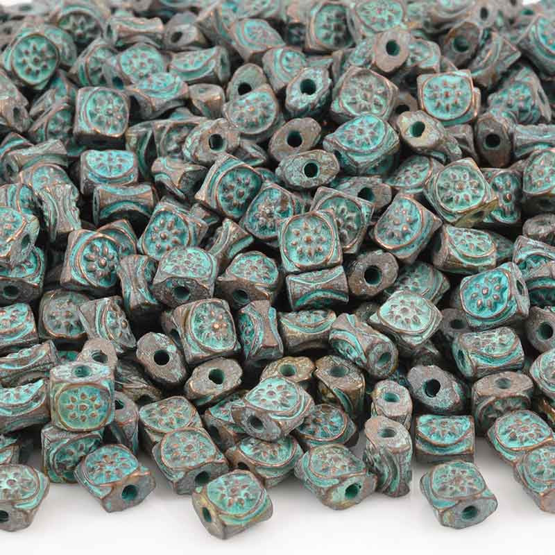 Casting-6mm Flat Square Ornament Beads-Green Patina