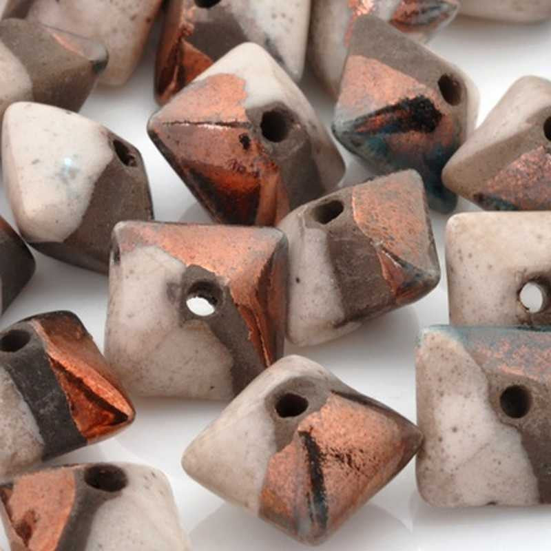 Ceramic Beads-11mm Octahedron-Raku Copper-Quantity 3
