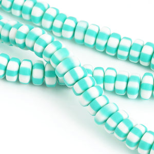 Ceramic Beads-7x3mm Frosted Polymer Clay Rondelle Disc Beads-Aqua and White Stripe-Quantity 10