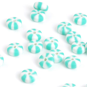 Ceramic Beads-7x3mm Frosted Polymer Clay Rondelle Disc Beads-Aqua and White Stripe-Quantity 10