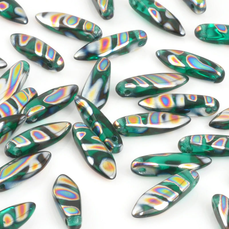 Czech Glass-5x16mm Dagger Bead-Emerald Vitrail Stripes-Czech-Quantity 20