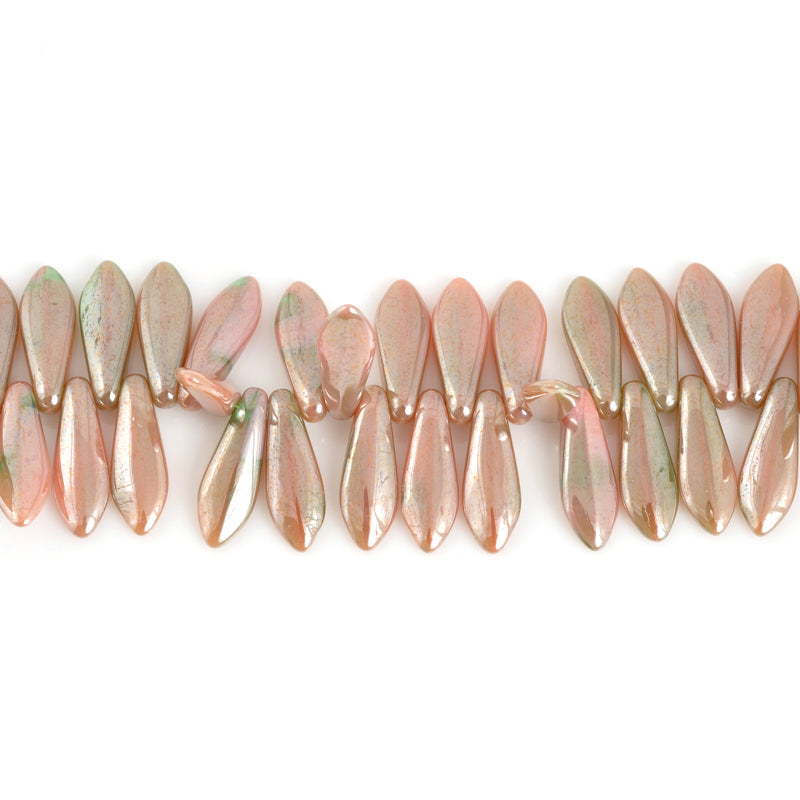 Czech Glass-5x16mm Dagger Bead-Luster Pink Coral Olivine-Quantity 1