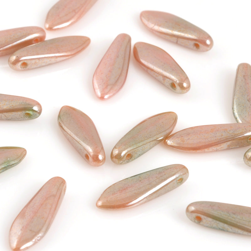 Czech Glass-5x16mm Dagger Bead-Luster Pink Coral Olivine-Quantity 1