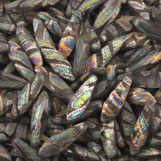 Czech Glass-5x16mm Dagger Beads-Crystal Etched Vitrail Dark Stripe-Czech-Quantity 20