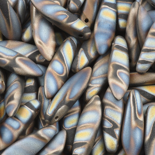 Czech Glass-5x16mm Dagger Bead-Jet Marea Matte Stripes-Czech-Quantity 20