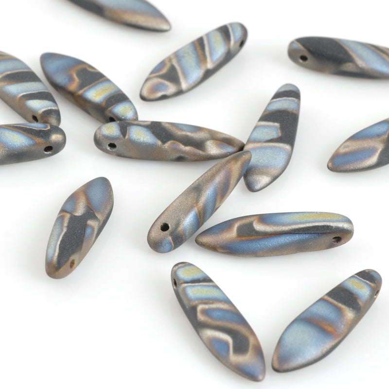 Czech Glass-5x16mm Dagger Bead-Jet Marea Matte Stripes-Czech-Quantity 20