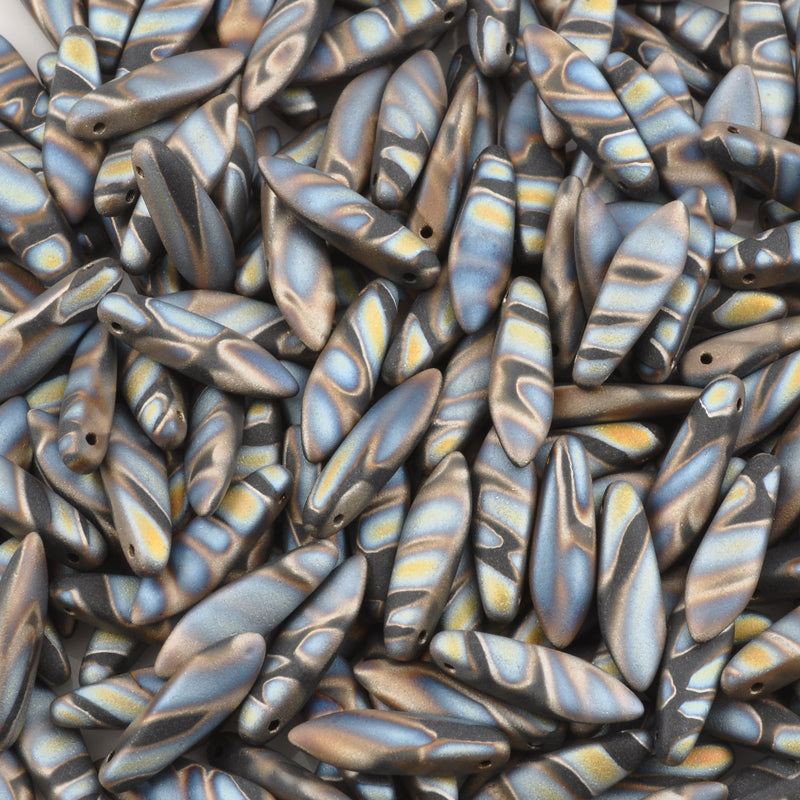 Czech Glass-5x16mm Dagger Bead-Jet Marea Matte Stripes-Czech-Quantity 20