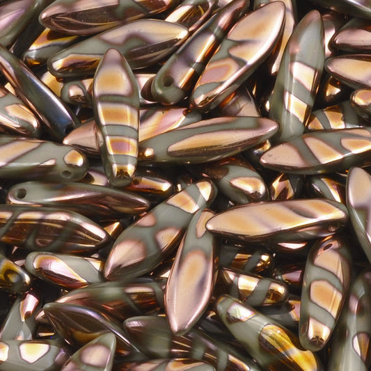 Czech Glass-5x16mm Dagger Beads-Opaque Grey Capri Rose Stripe-Czech-Quantity 50