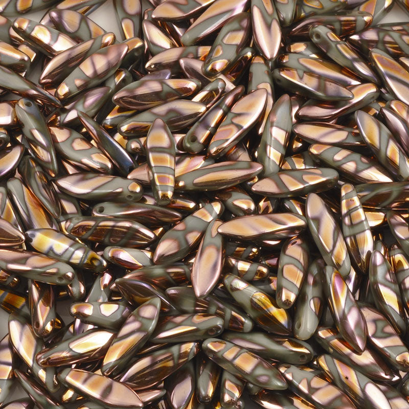 Czech Glass-5x16mm Dagger Beads-Opaque Grey Capri Rose Stripe-Czech-Quantity 50