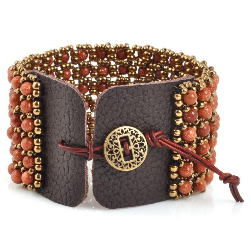 Finished Jewelry-Leather and Lace Goldstone Bracelet Cuff Tamara Scott Designs