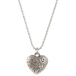 Finished Jewelry-Simple-Ornate Heart Charm Antique Silver Pendant Ball Chain Necklace-24 Inches Tamara Scott Designs