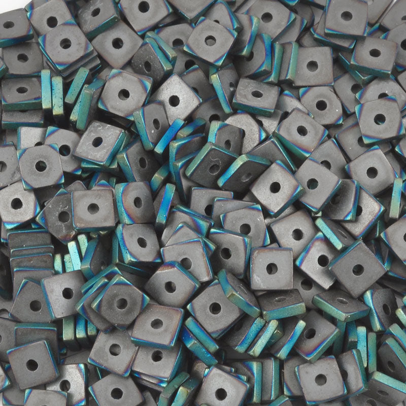 Gemstone-4mm Titanium Hematite-Flat Square-Teal Green